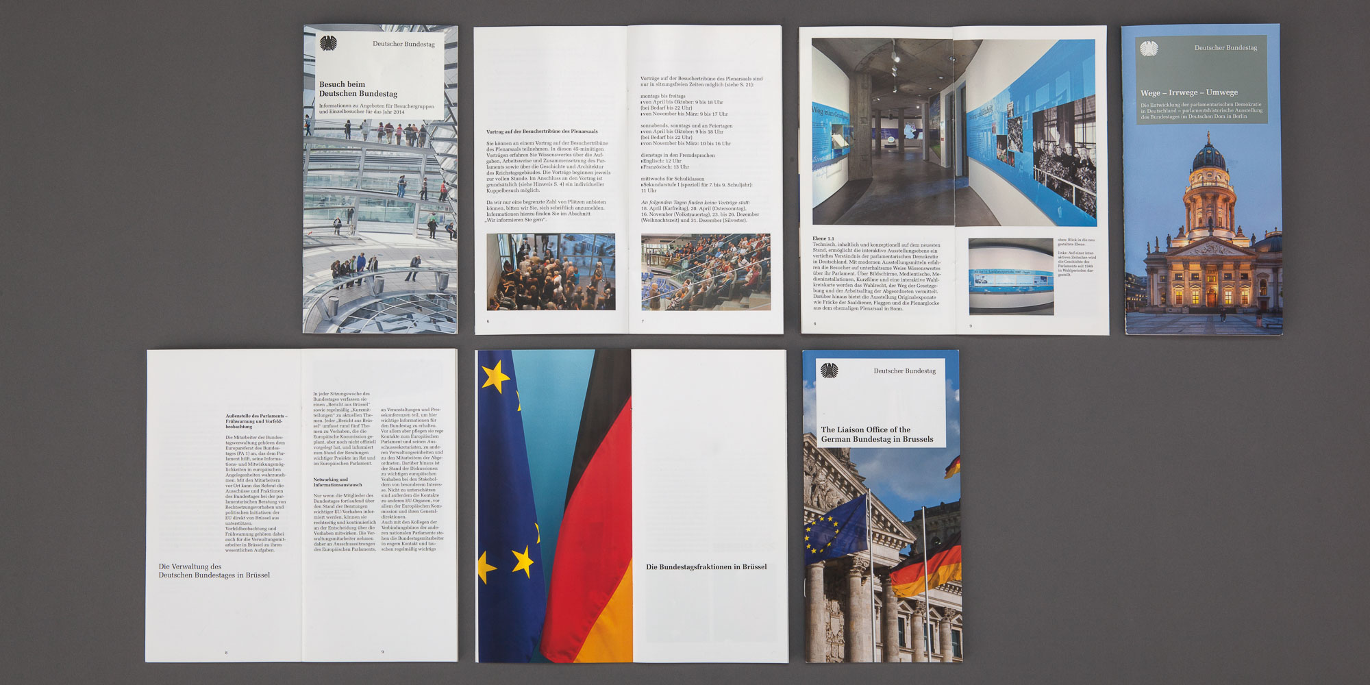 Das Foto zeigt in zwei Reihen nebeneinander gelegt aufgeschlagene und geschlossene Beispiele von teilweise fremdsprachigen Printmedien.